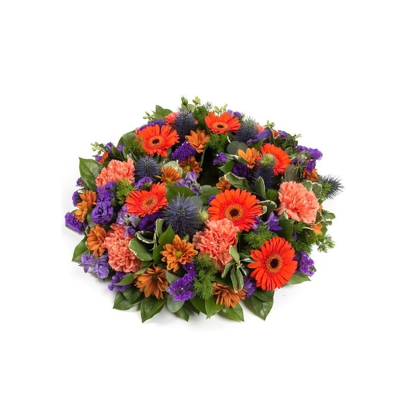 Orange and Purple Wreath - same day or named day delivery - Rushes Florist