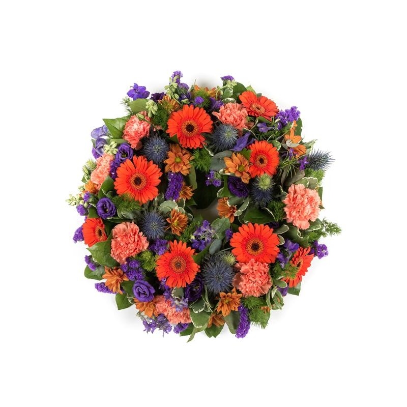 Orange and Purple Wreath - same day or named day delivery - Rushes Florist