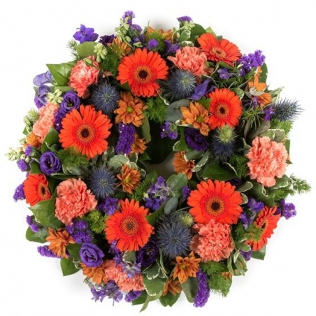 Orange and Purple Wreath - same day or named day delivery - Rushes Florist