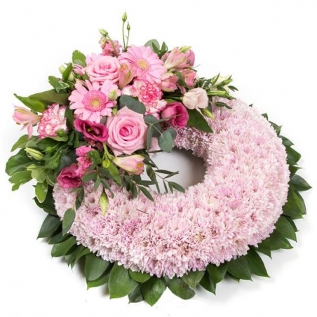 Pink Massed Wreath - same day or named day delivery - Rushes Florist