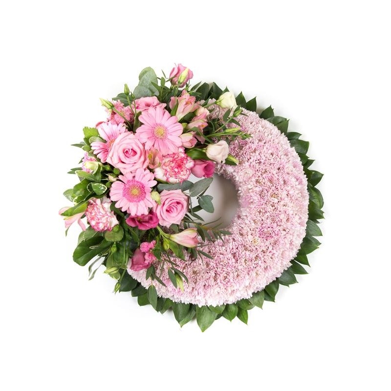 Pink Massed Wreath - same day or named day delivery - Rushes Florist