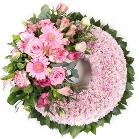 Pink Massed Wreath - same day or named day delivery - Rushes Florist