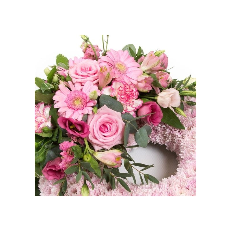 Pink Massed Wreath - same day or named day delivery - Rushes Florist