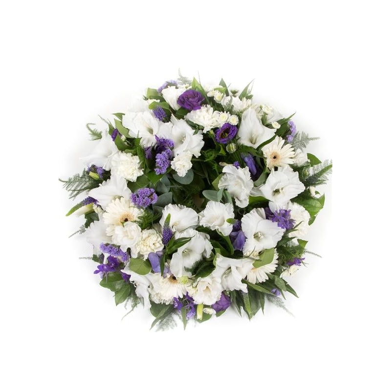 Purple and White Wreath - same day or named day delivery - Rushes Florist
