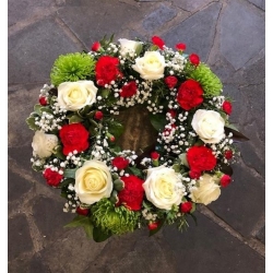 Red, White & Green Wreath - same day or named day delivery - Rushes Florist