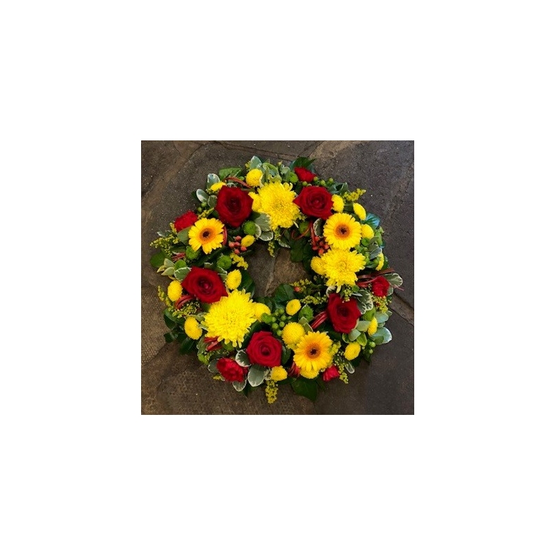 Red, Yellow & Green Wreath - same day or named day delivery - Rushes Florist