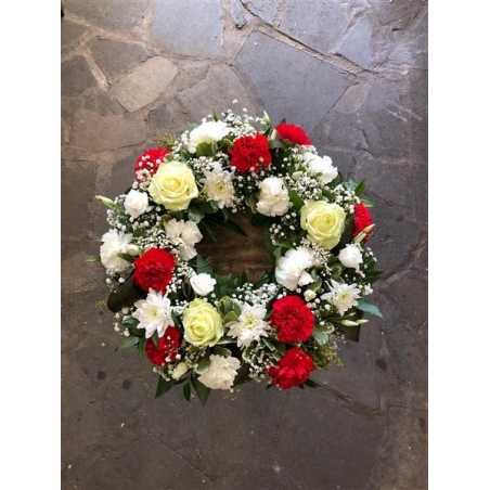 Wreath, red & white - same day or named day delivery - Rushes Florist