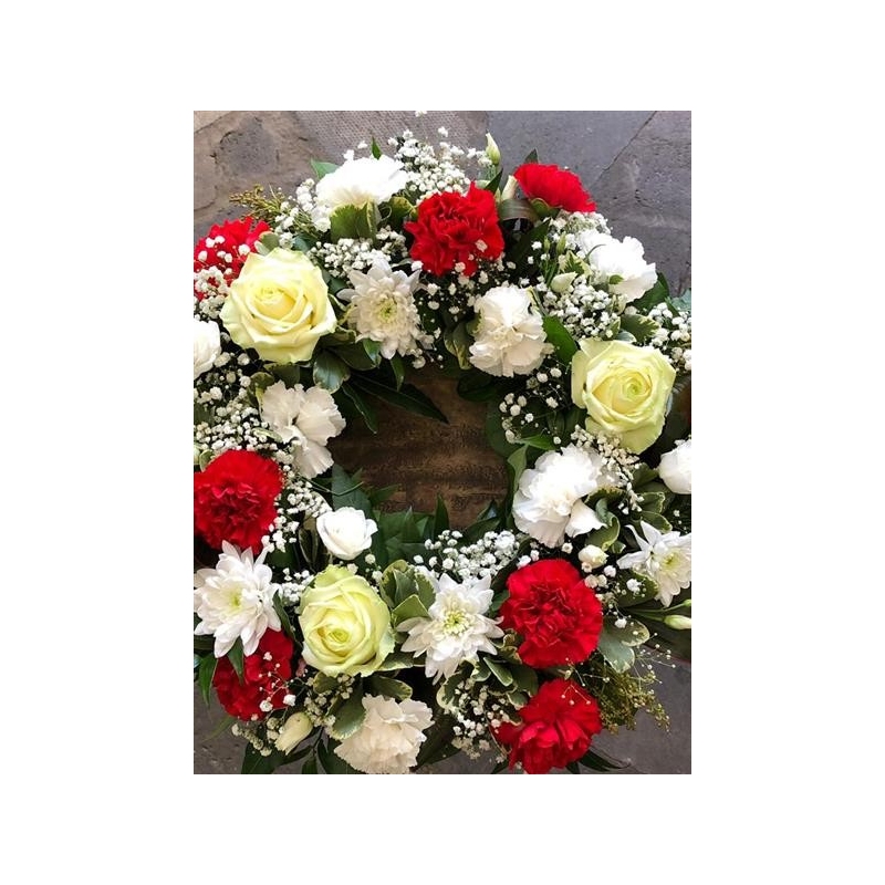 Wreath, red & white - same day or named day delivery - Rushes Florist