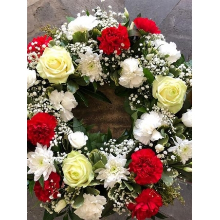 Wreath, red & white - same day or named day delivery - Rushes Florist