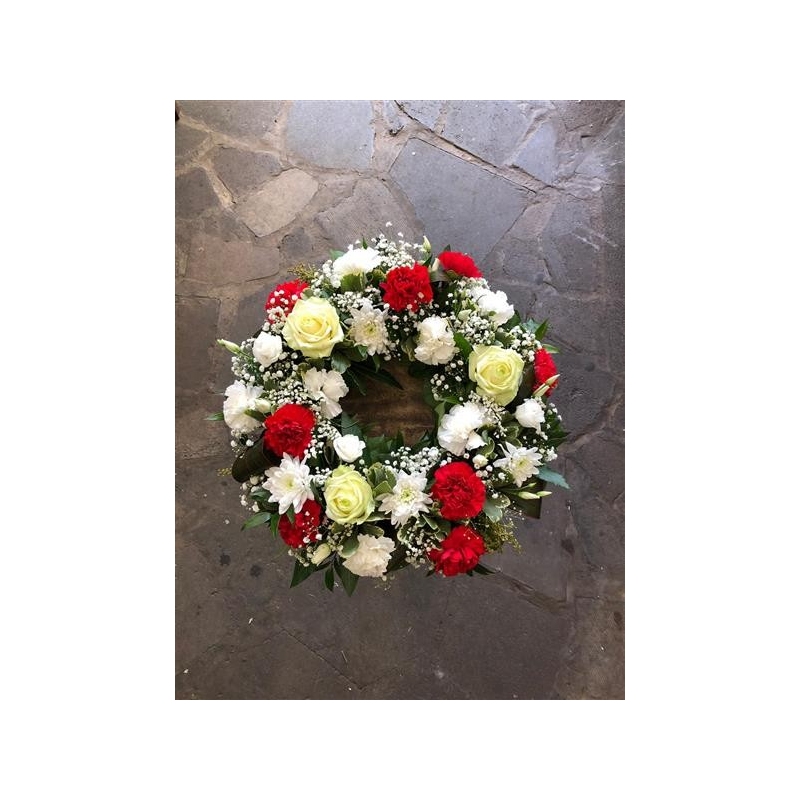 Wreath, red & white - same day or named day delivery - Rushes Florist